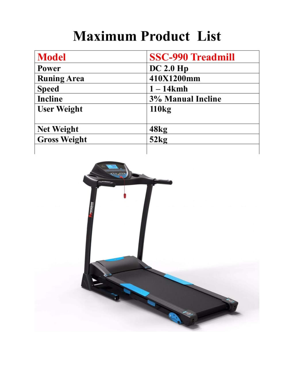 SSC-990 Compact Electric Treadmill with 3% Manual Incline - 2.0 HP Motor